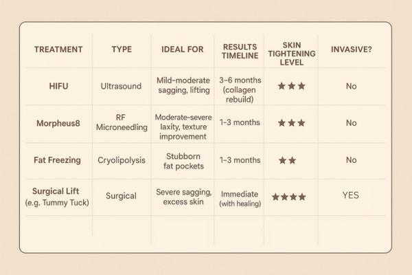 Table showing the comparisons of Skin tightening Waltham Abbey treatment options.